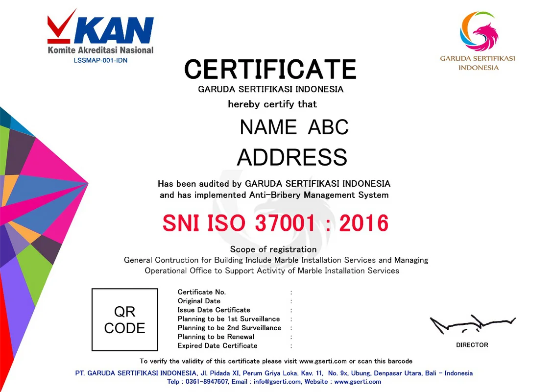 contoh sertifikasi iso 37001 kan